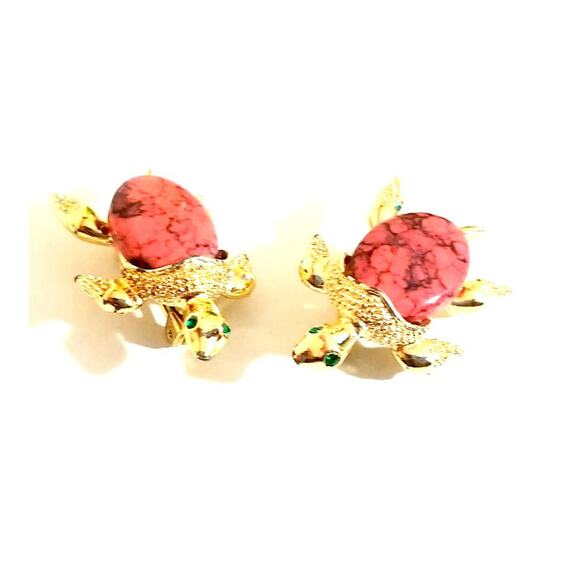 Vintage Turtle Brooch With Pink agate signed - Picture 1 of 10